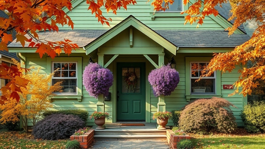 Charming house with purple door showcasing October home design trends.