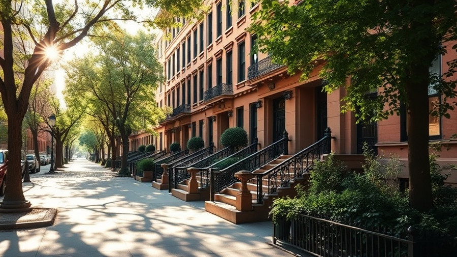 Elegant brownstone building facade with tree shadows and warm sunlight.