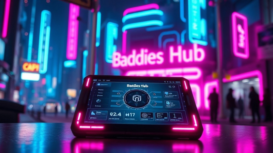 Futuristic tablet with Baddies Hub in neon cyberpunk scene.