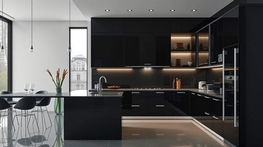 Modern kitchen before cabinet refacing with black cabinetry and elegant design.