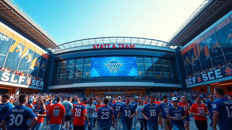 Modern stadium entrance with energetic crowd on game day.
