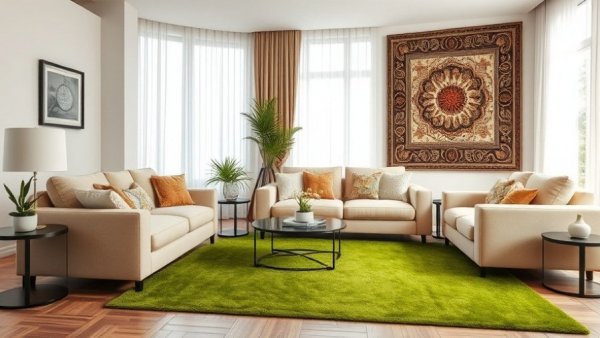 Modern living room with green area rug and beige sofas.