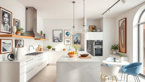 Sophisticated modern kitchen and living space with vibrant art.