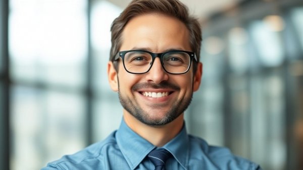 Professional man indoors, wearing glasses and a blue shirt.