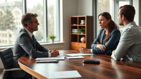 Couple consulting a lawyer, questions to ask before hiring a family lawyer.