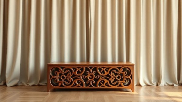 Intricate wooden furniture set against beige curtains.