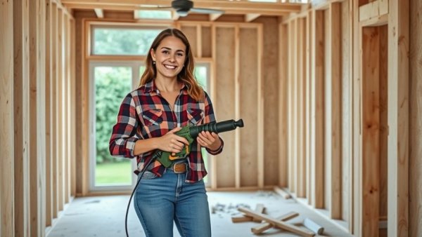 DIY home demolition: Woman with power tool in a room.