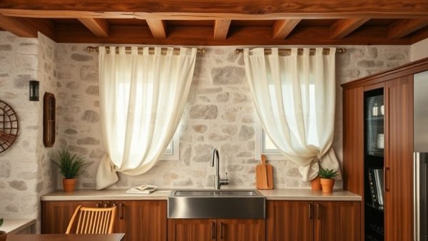 Rustic kitchen with Noren curtains on a stone wall.