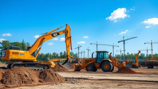 Construction site with bulldozer and worker in front of urban skyline.