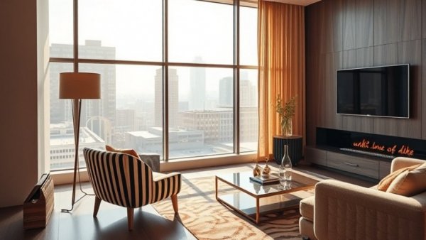 Stylish living room featuring craft movement decor with cityscape view.