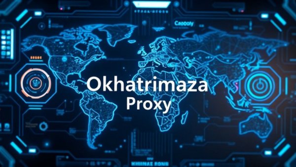 Futuristic display with Okhatrimaza proxy text and digital icons.