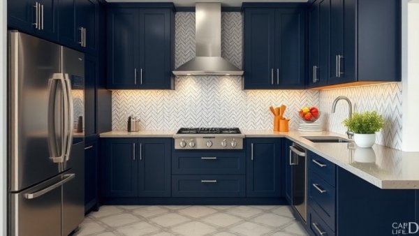 Sleek kitchen remodel with navy cabinets and marble top.