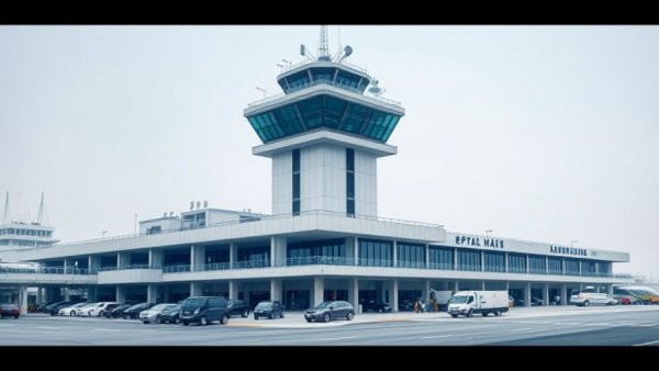 Airport control tower and parking in urban infrastructure setting.