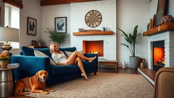 Cozy Barb Sofas living room design with fireplace and lounging woman.