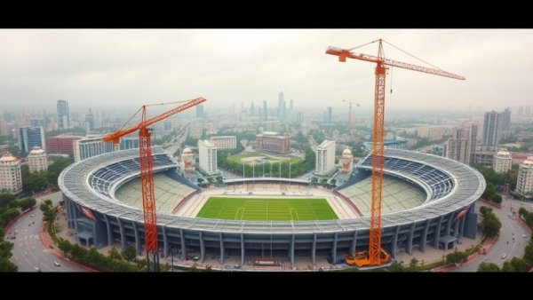 Large stadium construction site from aerial view, home remodeling service context.