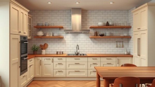 Modern kitchen remodeling with cream cabinets and wooden countertop.