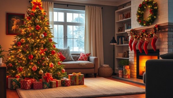 Cozy holiday decor with tree and gifts, ideal for gift exchange ideas.