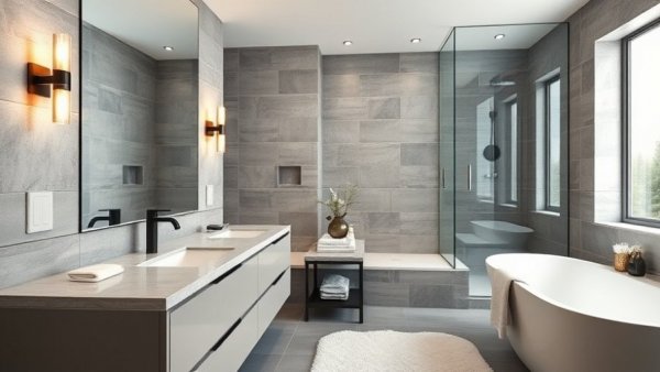Modern bathroom with gray tile shower walls, elegant fixtures, 2025 style.