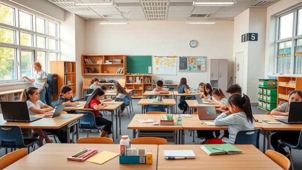 Students in modular classroom for urgent educational needs, engaged and creative activities.