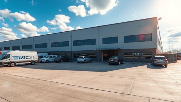 Industrial building exterior for home improvement services with parked cars.