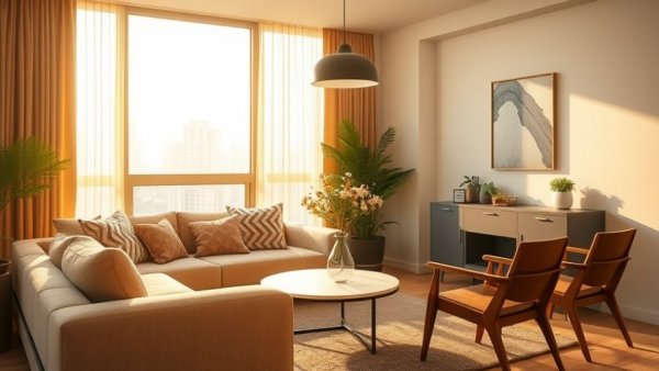 Sunlit living room with cozy decor, ideal for relaxation.