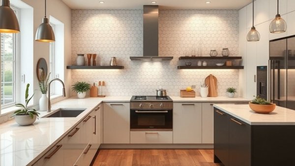 Modern kitchen featuring hexagonal tile backsplash, elegant design.