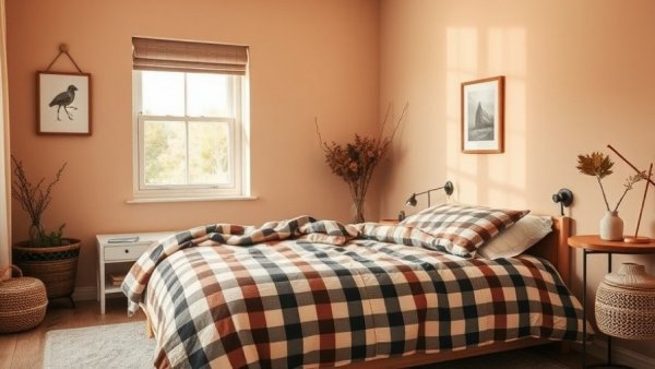 Warm bedroom with checkered bedding for Black Friday design sales.