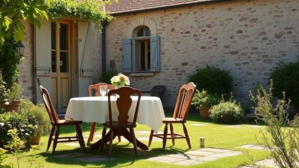 Eco-friendly vacation rental in France, rustic garden setting.