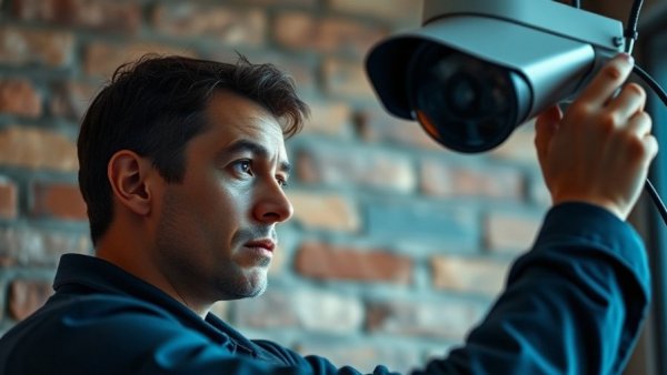 Professional installing security camera outside, ensuring safety.