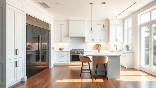 Modern kitchen design with hidden refrigerator and sleek white cabinets.