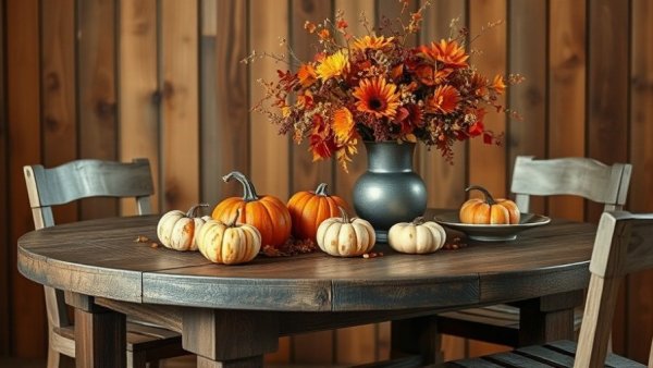 Rustic autumn table decoration ideas with pumpkins and flowers.