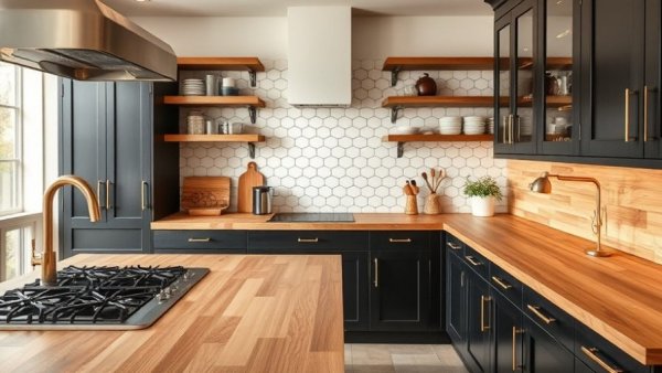 Contemporary kitchen with stylish butcher block countertops and sleek design.