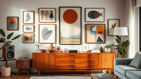 Etsy gifts from smaller makers featured in mid-century modern living room decor.
