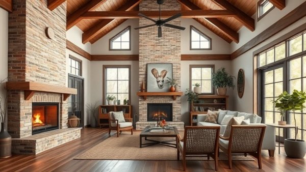 Interior Design Trends 2026: rustic living room with cozy fireplace.
