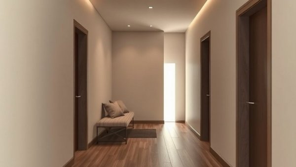 Elegant hallway interior design with minimalist decor and lighting.