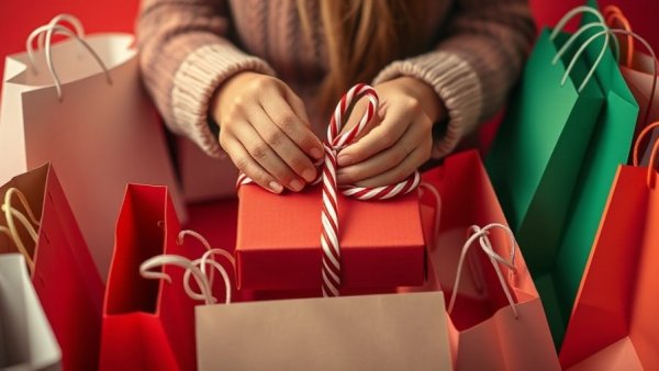 Person wrapping a gift during early Christmas shopping against a red background.