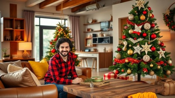 Cozy room with non-traditional Christmas decor and smiling person.