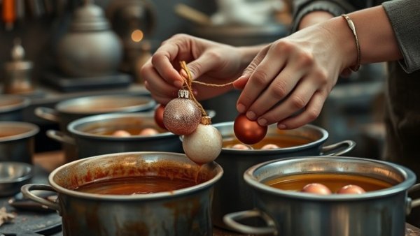 Hands creating DIY wax-dipped holiday ornaments in a workshop.