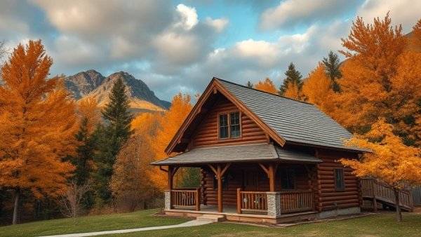 Charming cabin nestled in autumn foliage with mountain backdrop, Home Design Ideas from Le Sarto.