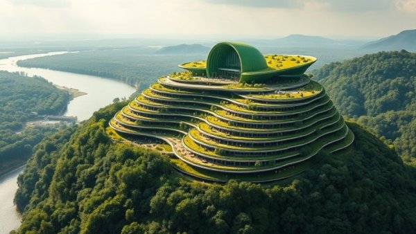 Futuristic terraced architecture by river, Architecture Firms Shaping Cities.