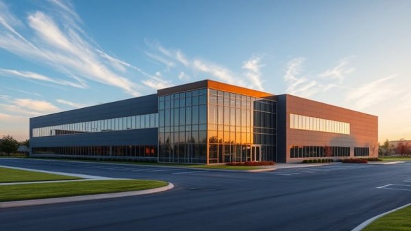 Modern glass facade building showcasing integrated design-build approach at sunset.