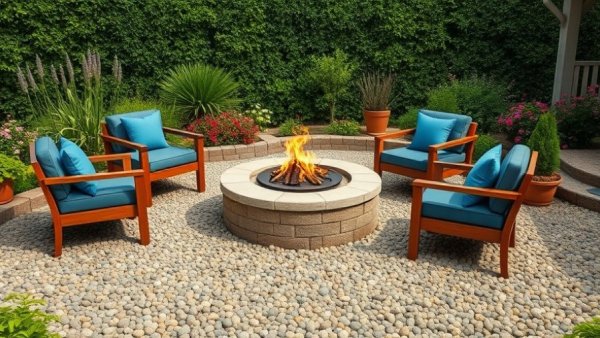 Low maintenance hardscaping with fire pit and comfortable seating in lush garden.