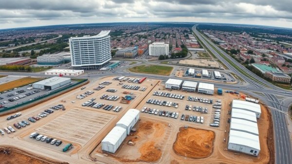 Aerial view of construction site amidst industrial buildings, home improvement context.