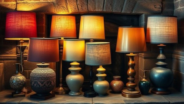 Eclectic mix-and-match table lamps from Tambur in a rustic setting.