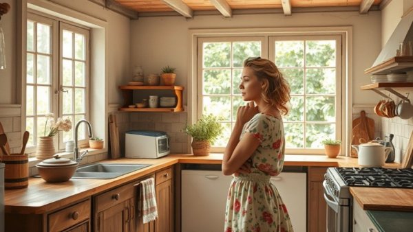 Vintage kitchen interior for designing a guest cottage, woman observing.
