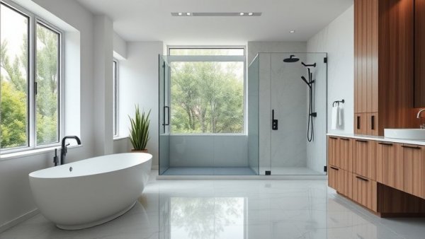 Luxurious bathroom remodel with tub and shower, bright setting.