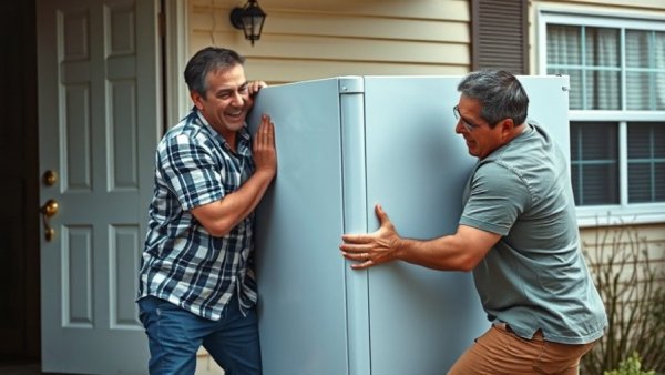 Two men moving a fridge in a realistic outdoor scene, fridge and freezer disposal.