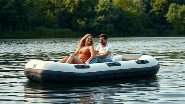 Couple enjoying inflatable dock benefits on a serene water setting.