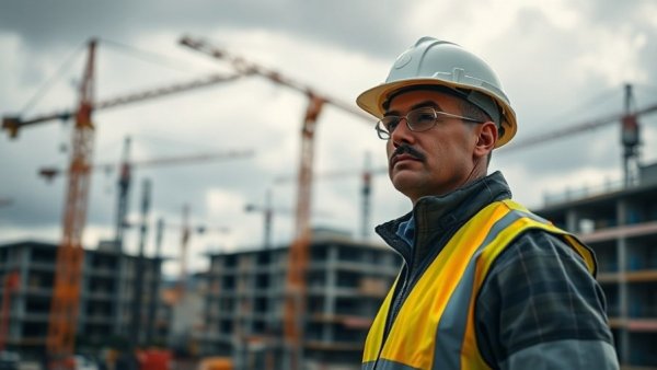 Construction worker focusing on site with cranes, home improvement.