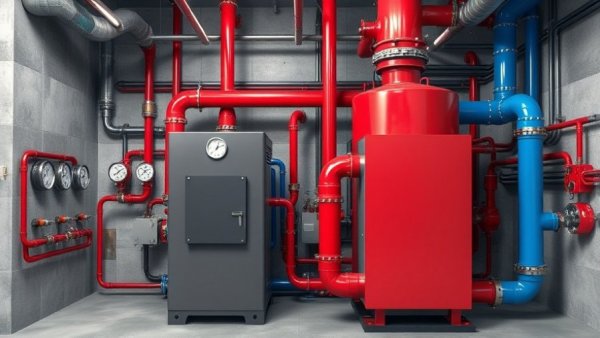 Furnace system with pipes and gauges for maintenance.